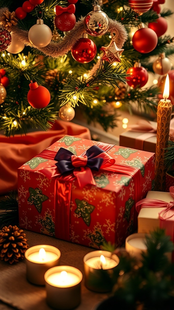 A festive Christmas gift wrapped in colorful paper with a bow, set against a backdrop of holiday decorations.